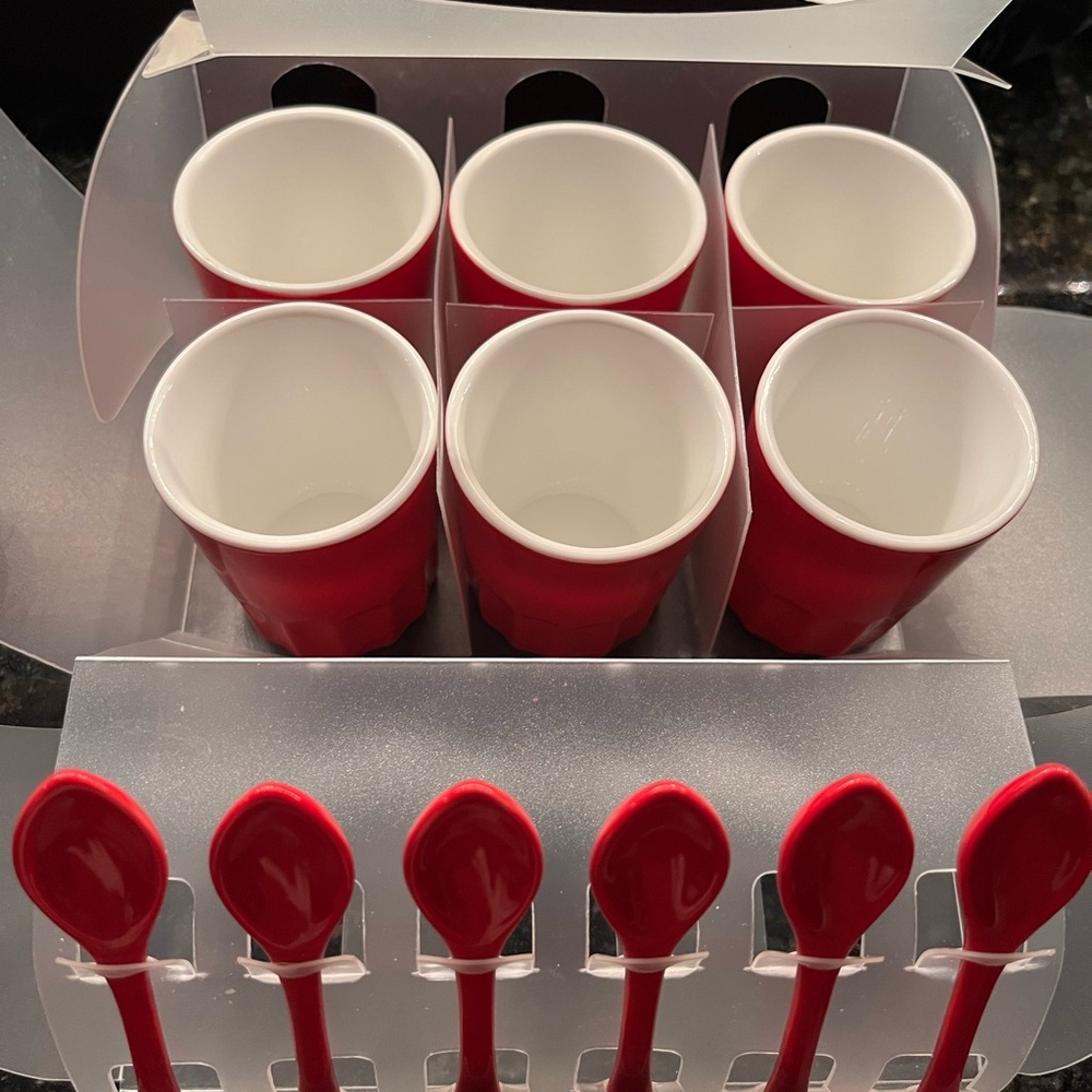 Crate and Barrel Set of 6 Red Espresso Cups & Spoons